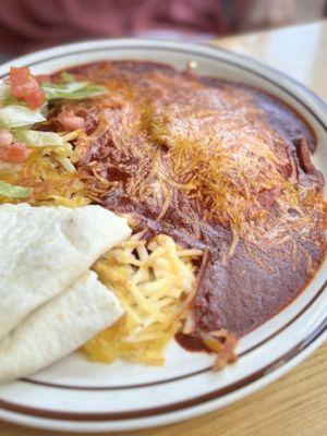Huevos Rancheros with red chili