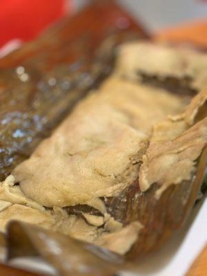 Unwrapped Plantain leaf tamale