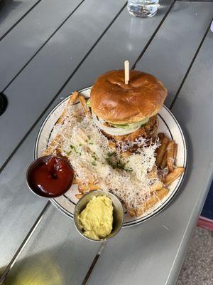 Fried chicken sandwich, Parmesan, french fries, heavenly crusted almost like cotton candy Parmesan