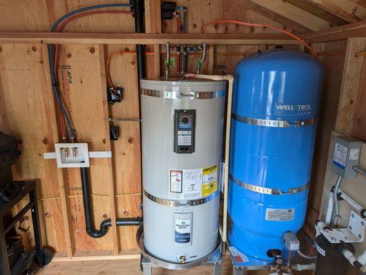 Installation of water heater, laundry box and pressure tank.