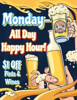 $1 off Pint pours and glasses of wine all day Mondays