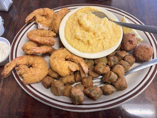 Shrimp, okra, cheese grits