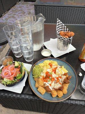 Hot Mess breakfast, Cheese Curds No Whey, & the Side Salad