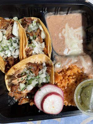 Carnitas tacos combo w rice and beans