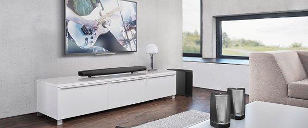 Denon-Heos wireless soundbar and subwoofer. Perfect sound, uncluttered for any television.