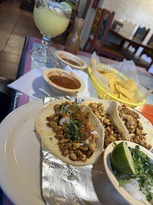 Grilled chicken Street Tacos (cilantro and onion) and 2 types salsa