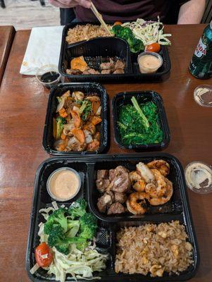 Steak+shrimp and Steak+salmon combos were so good. added sides wakame salad and veggies