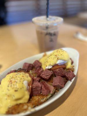 Iced coffee and the highly recommended corn beef eggs Benedict