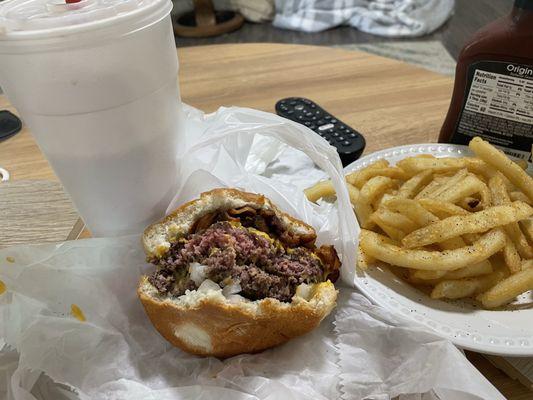 Perfectly-cooked Double Bacon Cheeseburger with Fries!