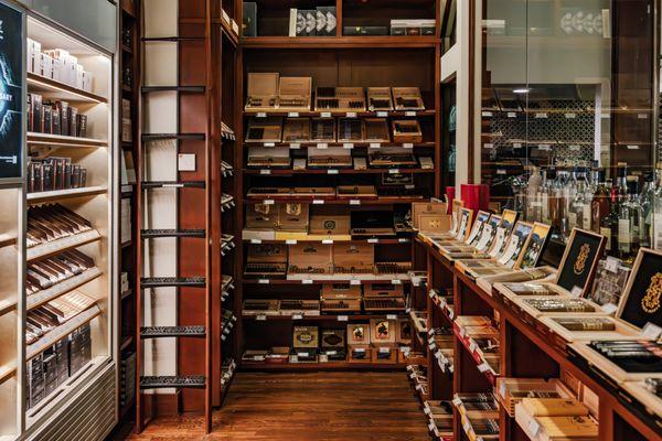 Fully stocked humidor with a variety of premium cigars