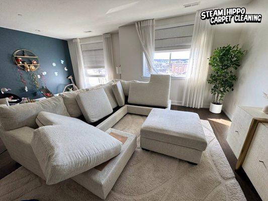 Sectional sofa deep cleaning with stubborn food stain removal