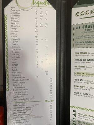 Tequila menu