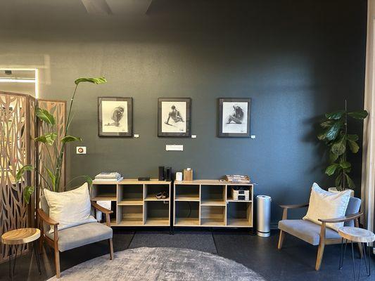 Waiting area with shoe cubbies