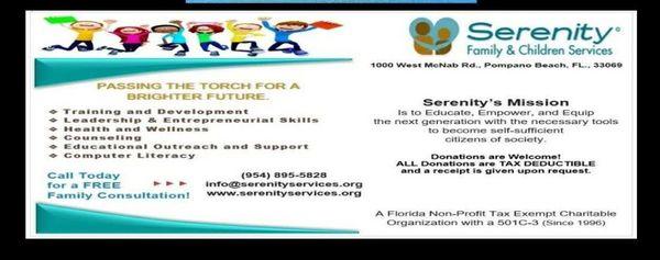 Here's the Mission of Serenity Family & Children Services Corporation and a few of the Services that we offer.