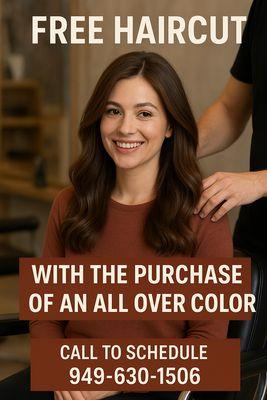 FREE HAIRCUT ALERT!
Book an all-over color at Primadonna's Hair Services and get a complimentary haircut
Offer valid 9/15/25-9/30/25