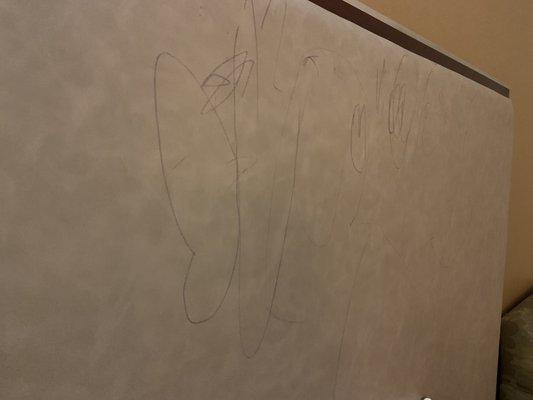 Writing of sexual innuendos on vinyl headboard