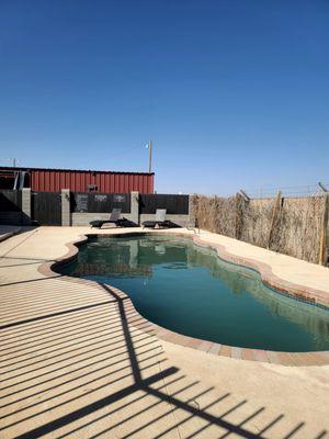 Pool area. Out of season so hasn't been cleaned yet but they did clean the lounge chairs so we could sit out there and enjoy the sunshine.