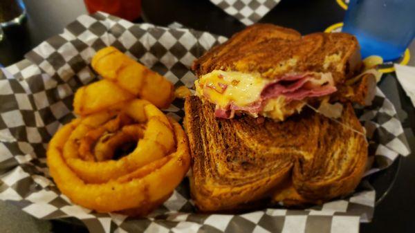 This is the Reuben: marbled rye with plenty of meat and cheese grilled to perfection for lunch.
