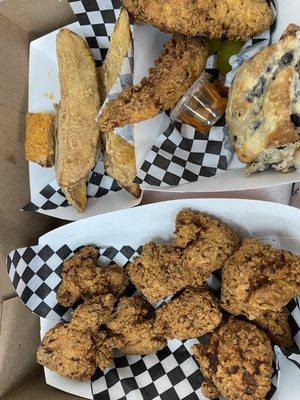 Nuggets, strips, wedges, biscuit and sauce.