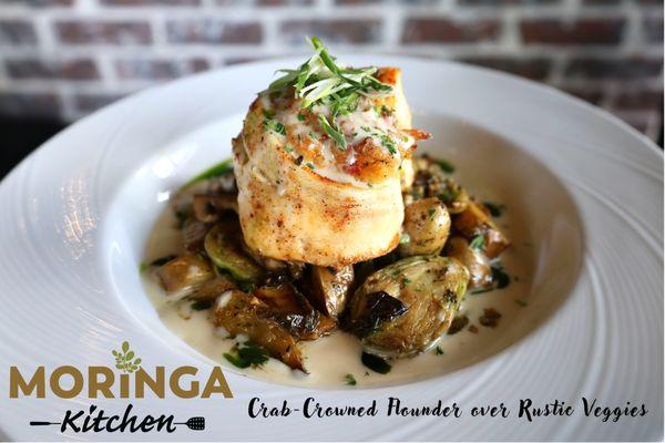 Crab Crowned Flounder over Rustic Veggies