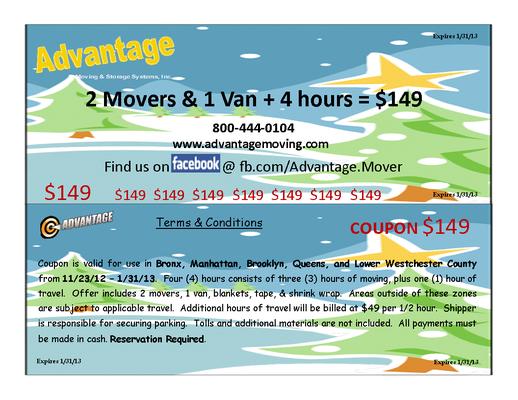 2 Movers & 1 Van for 4 hours for $149