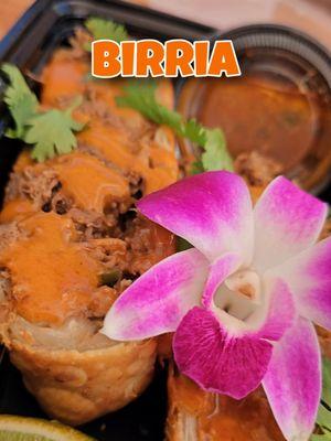 Authentic Gourmet Birria Featuring Habanero Cheese, Adobo Aioli, And Our Ono Beef Birria Consomé Dipping Sauce!