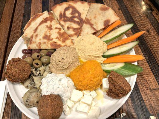 The favorite of the day. Mezze-hummus,carrot hummus, baba,tzatziki, falafel,olives, artichokes,feta and bread, carrots and cucumbers