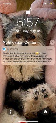 Screenshot of conversation with management.