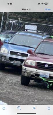 My car is a blue car. My neighbor's cars are the junkie cars.
