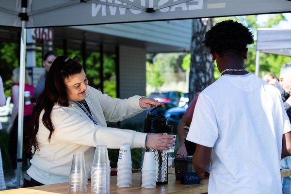 Free coffee and donuts.