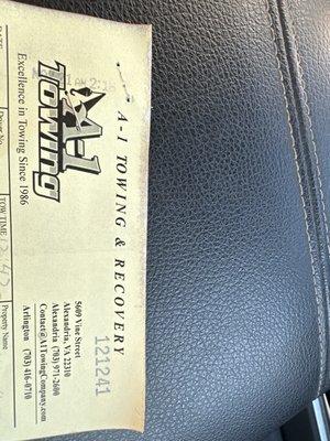 Proof of recipt of payment for improperly towing resident vehicle from resident property.