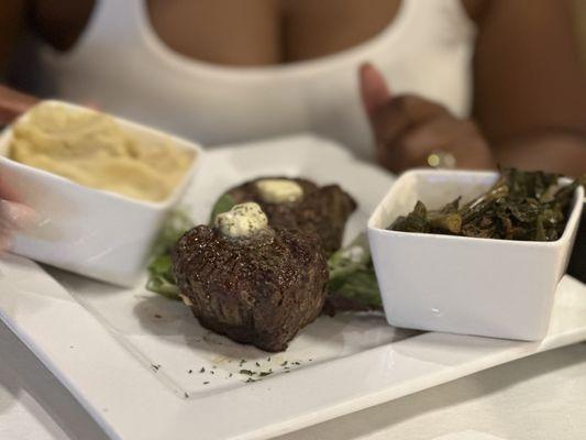 Filet Mignon with mashed potatoes and collard greens