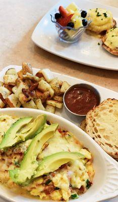 Bacon avocado scramble with seasoned ranch potatoes and an english muffin