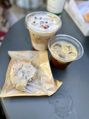 Strawberry Latte, Shaken Espresso, and Chocolate chip cookie with walnuts.