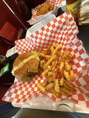 Salmon burger and fries