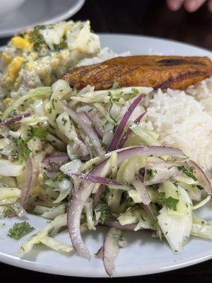 Tuna, rice with plantain, salad