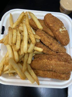 Vegan chick'n tenders and side of fries