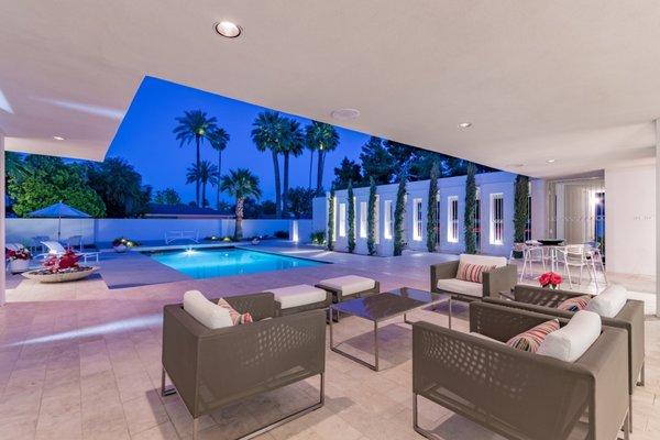 Iconic Smith House on Central Ave, Exterior Pool View at Dusk