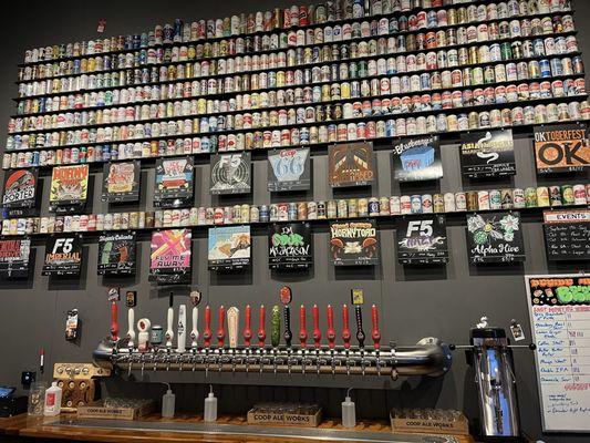 Taproom list with vintage beer cans.