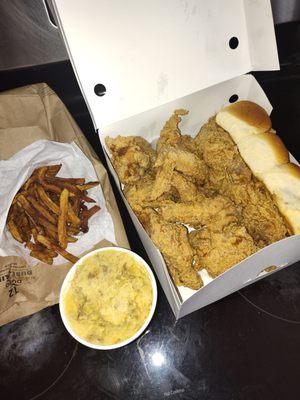 12 piece chicken, mashed potatoes and fries