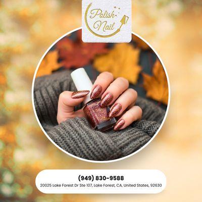 Almond shape with simple brown polish and some glitter -- minimalist, chic, and full of warm fall charm. Reserve your style today!