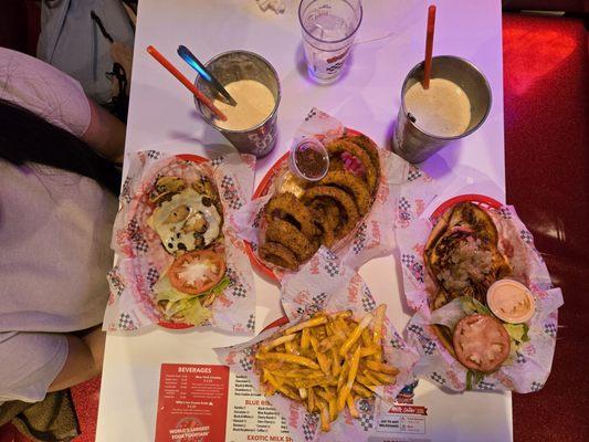 Honey grilled chicken sandwich, onion rings, cheese fries, mushroom swiss double burger.