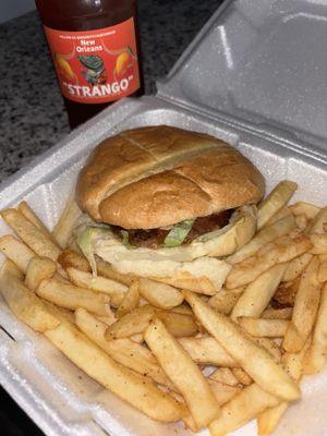 Hot Sausage Sandwich, fries and Strango