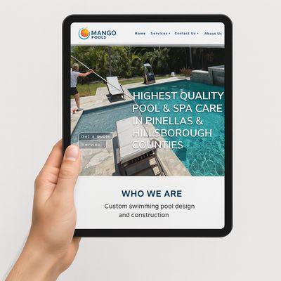 tablet with Mango Pools website