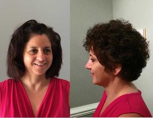 Ann before & after her color & cut makeover. We cut off the damaged chemically straightened hair, lightened her color & added hilights.