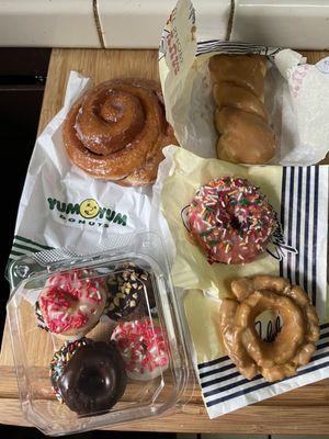 Cinnamon roll, maple twist, box of minis, pink sprinkle, maple old fashion