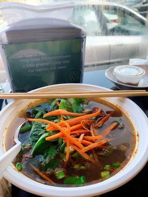 Beef and meatball bun bo hue Very tasty , strong lemongrass scent soup