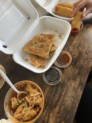 Scallion pancake, egg rolls, spicy wontons