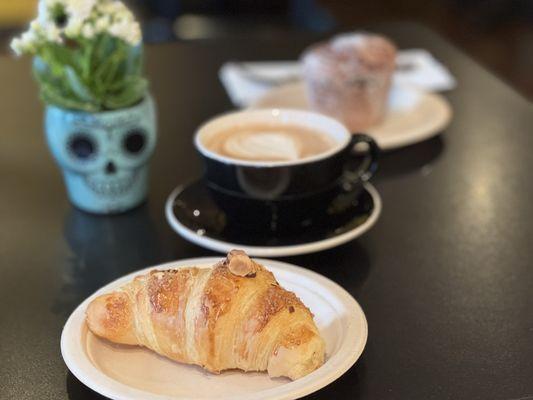 Almond croissant, cappuccino and morning bun