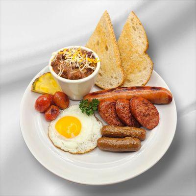 BIG HAWAIIAN TRIO
Pineapple Sausage
Portuguese Sausage
Breakfast Sausage
Fried Egg
Homemade Chili Topped Cheese
Pineapple & Bread